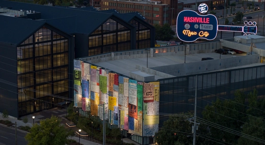 Colorful architectural panel facade on a Nashville entertainment venue